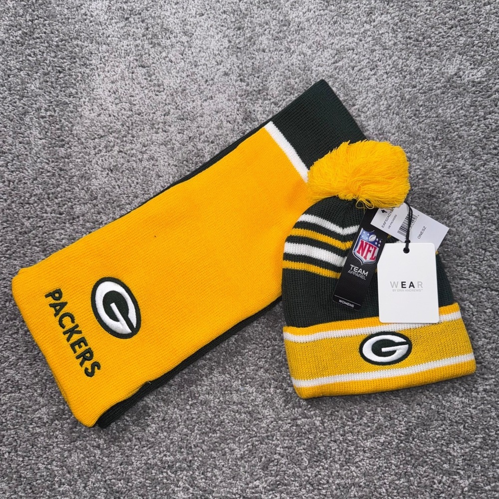 Green Bay Packers WEAR by Erin Andrews Scarf Beanie Set Womens Green Yellow NEW